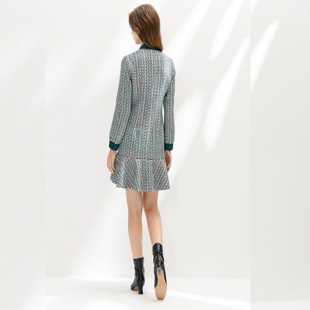 C151 Women Yarn dye tweed long sleeves flounce hem career mini dress