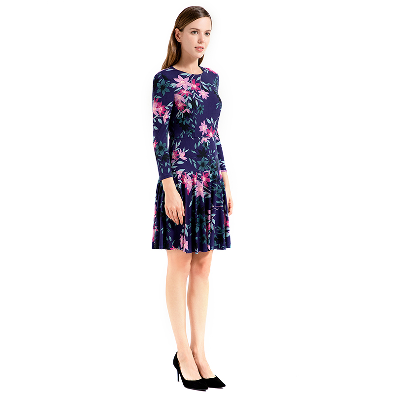 D027 Women floral print round neck long sleeves flared mini day dress