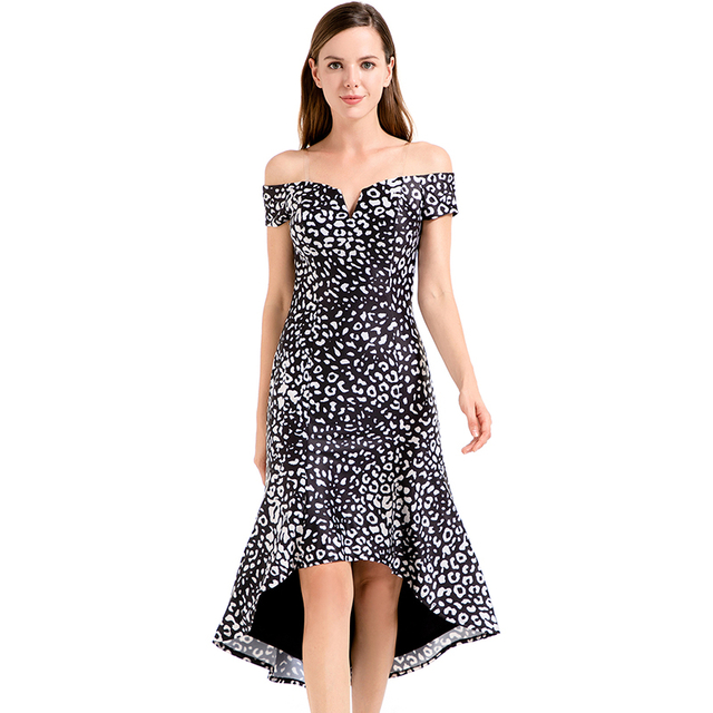 D024 Women Animal print off shoulder short sleeves asymmetric hem midi party dress