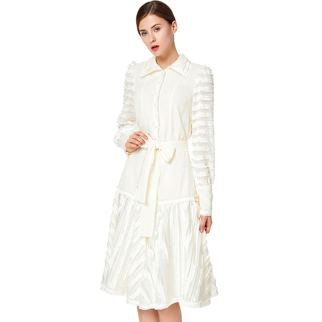 D033 Women solid shirt collar long sleeves stripes detailing flared midi dress