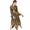 D042 Women Metallic knit long sleeves pleated handkerchief-hem midi party dress