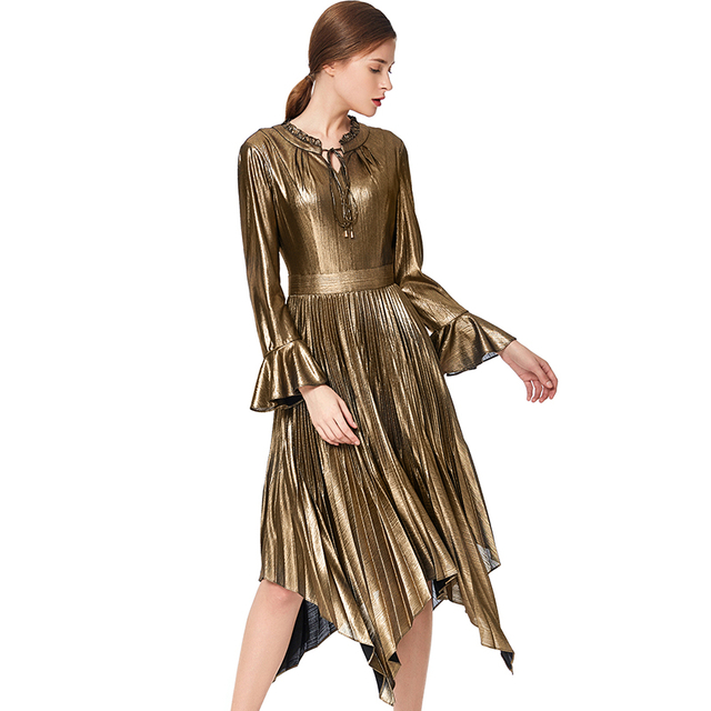 D042 Women Metallic knit long sleeves pleated handkerchief-hem midi party dress