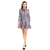 D011 Women Check print silk cotton long puff sleeves mini day dress