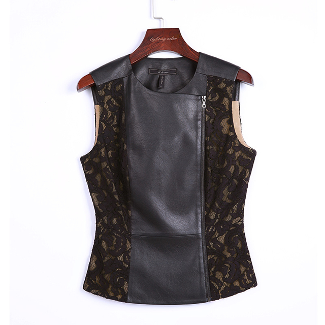 X209 Women faux leather lace combo peplum biker vest