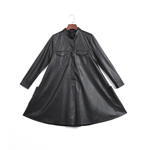 7C56 Women Faux leather band collar long sleeves A-shape midi shirt dress