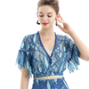 T064-4 Women 2-tone eyelet lace V neck flutter sleeve elasticated hem cropped blouse