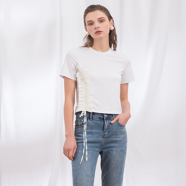 E023 Women Cotton viscose spandex crew neck short sleeves side ruching knit tops