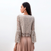 T228 Women 2-tone floral eyelash lace long bell sleeves scallop hem blouse