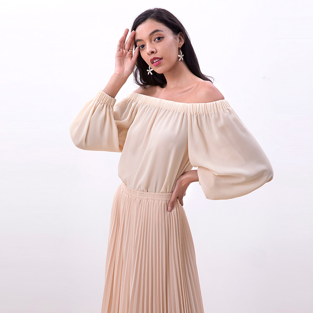 T179-1 Women Solid cold shoulder long lantern sleeve casual blouse