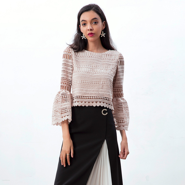 T228-1 Women Macramé lace multi stripes geometric pattern bell sleeves blouse