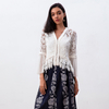 T183 Women Floral scallop lace Swiss-dot combo long sleeves braided trims evening blouse