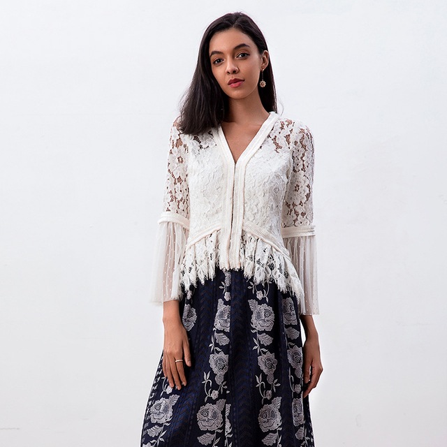 T183 Women Floral scallop lace Swiss-dot combo long sleeves braided trims evening blouse