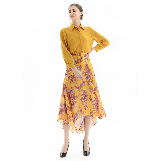 S070-1 Women Floral print wrap design panelled asymmetric casual midi skirt
