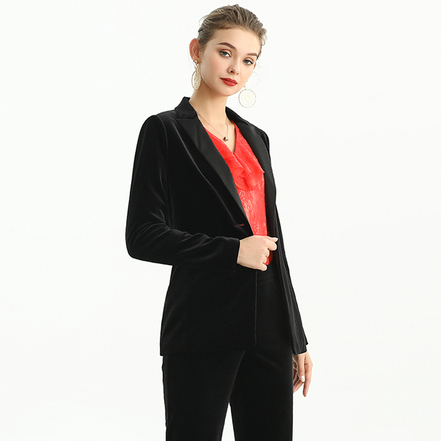 J155-5 Women Velvet combo satin notched lapel long sleeves tailored-cut single-breasted blazer