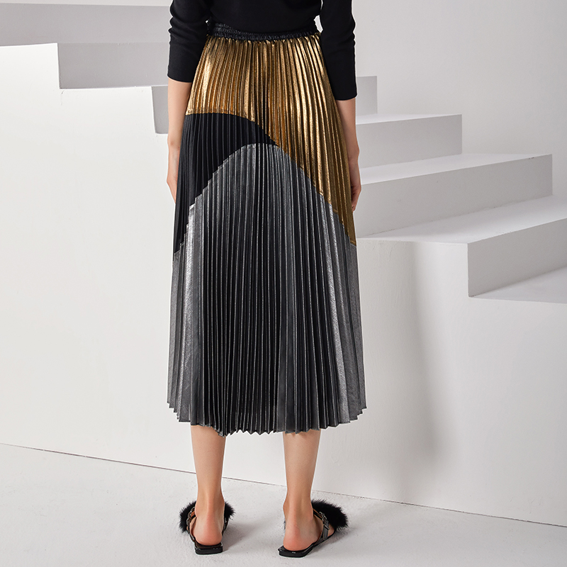 C018 Women Metallic printed color-block full circle sunburst pleated evening midi skirt