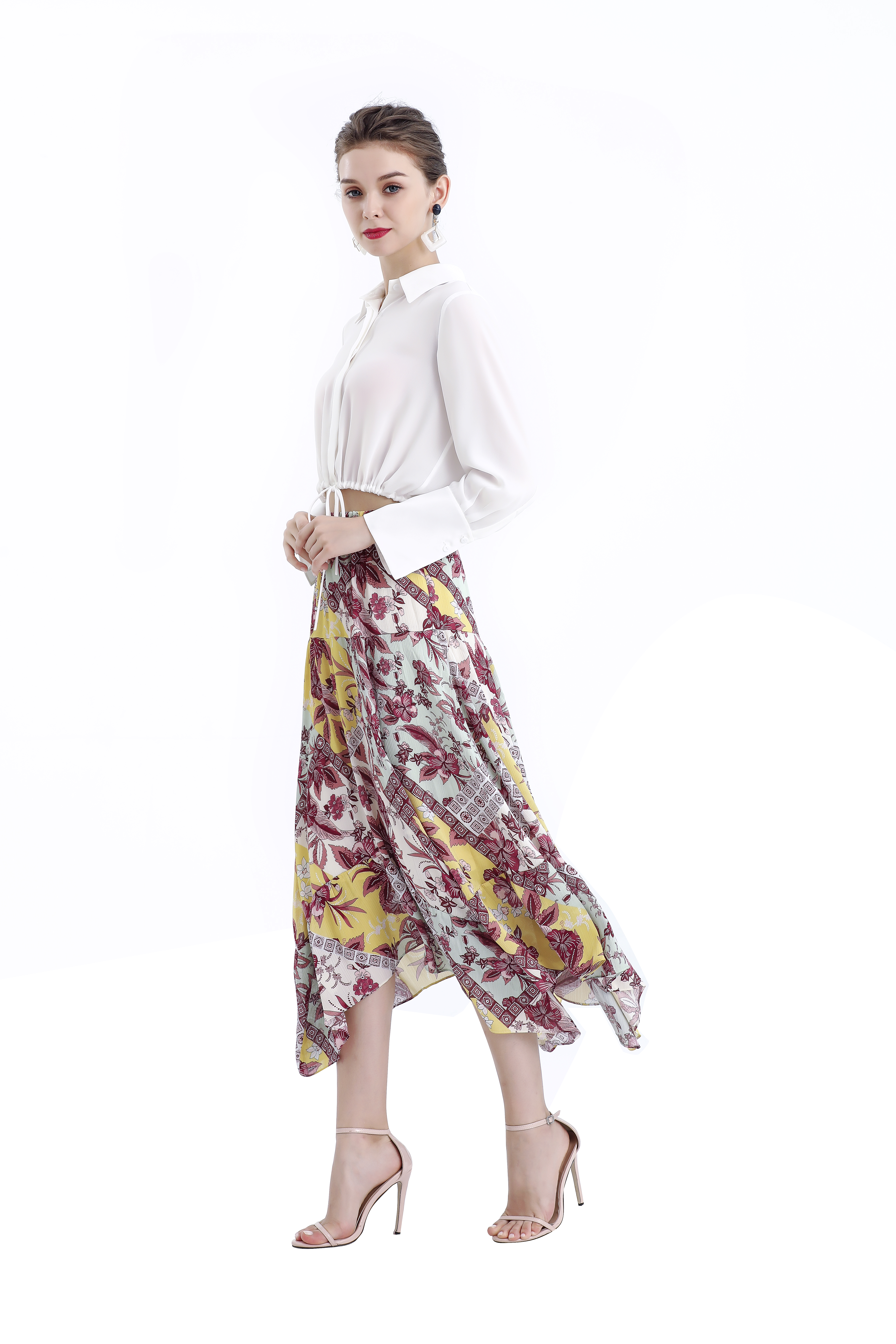 S068-5 Women Vintage print asymmetric panelled long flare handkerchief skirt