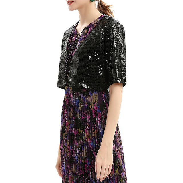 T046 Women Sequined chiffon jacket V-neck short sleeves cropped blouse jacket