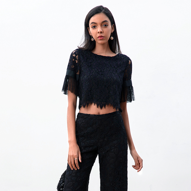 T122 Women floral lace boat neck Swiss-dot tulle ruffled short sleeves blouse