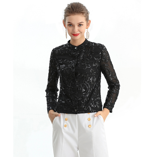 T123 Women Sequin beads embellished band collar long sleeves evening blouse jacket