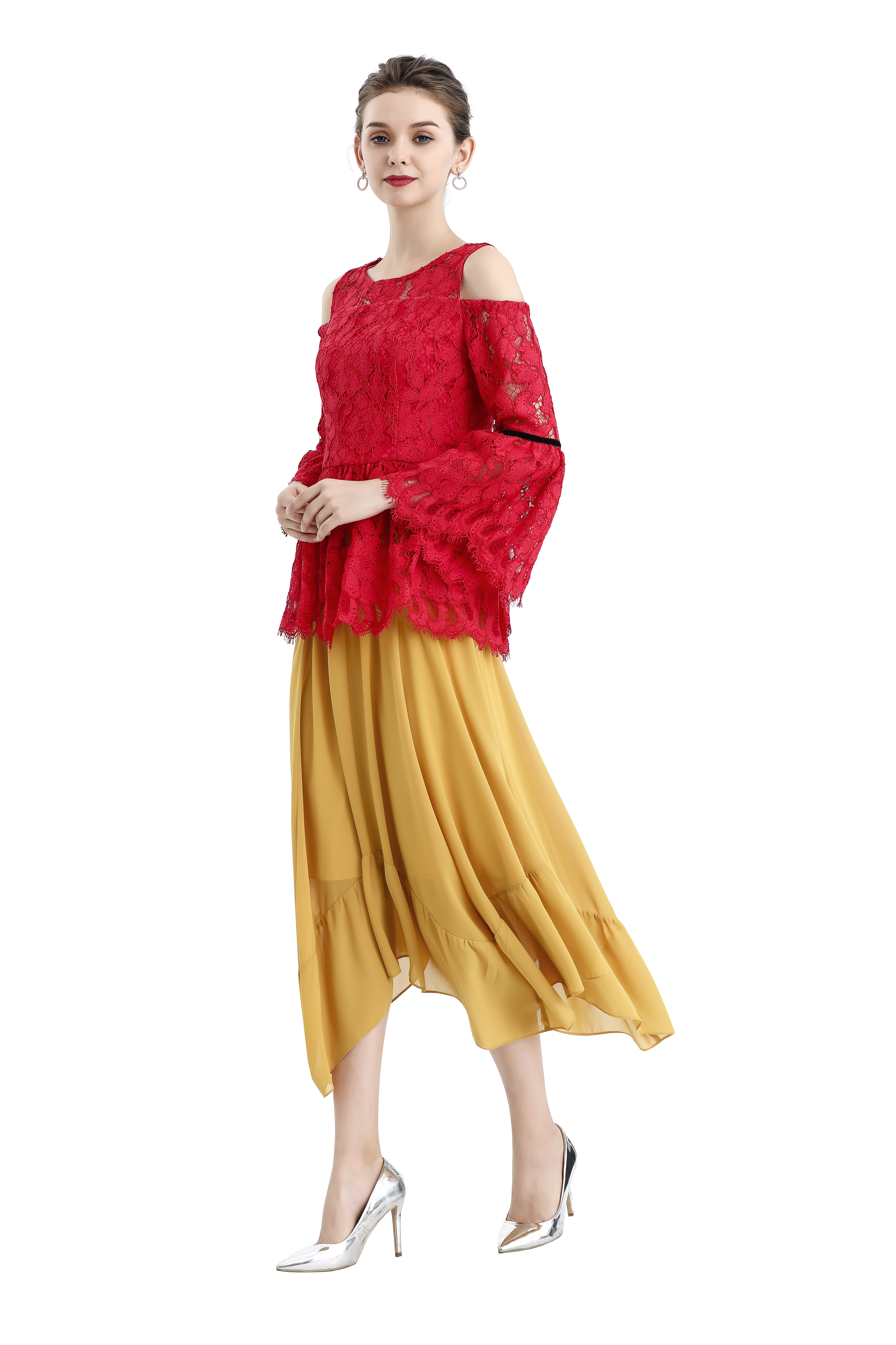 S068-7 Women Solid chiffon asymmetric panelled long flare handkerchief skirt