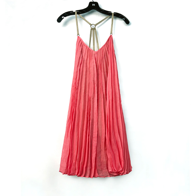 9D51 Women Solid gauze V-neck backless strappy pleated mini dress