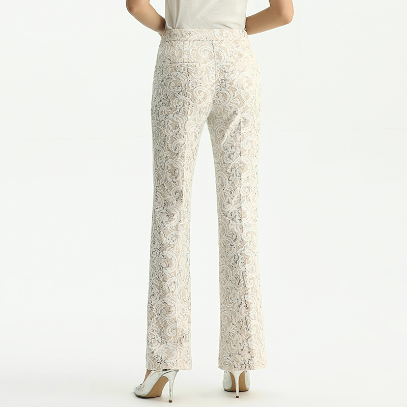  P147-3 Women Ivory lace bonded fabric mid-rise straight leg evening long pants