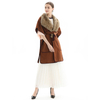 C118 Women Wool combo faux leather trim faux fur collar belted cape coat
