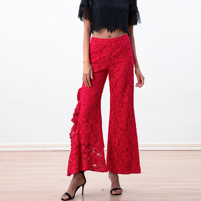 P219 Women All-over floral lace asymmetric cascading ruffles party pants