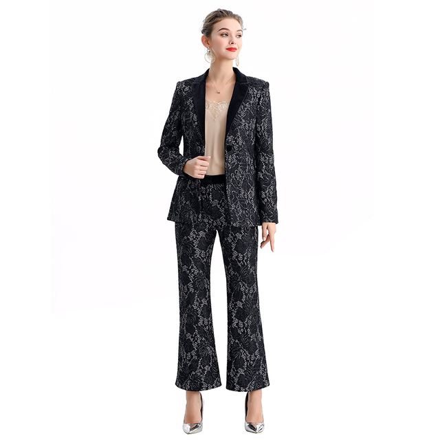 P158 Women Bonded sequin lace mid-rise boot-cut evening cropped pants