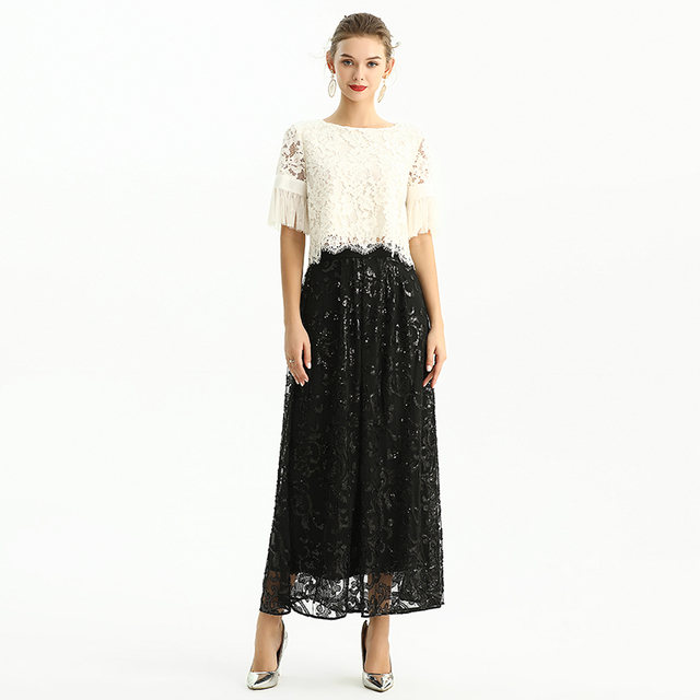 S127 Women Sequin embellishment and beading flare long evening skirt