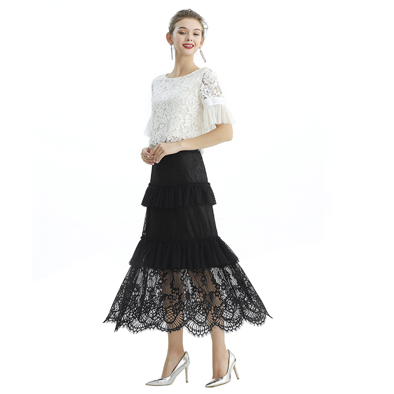 S167-1 Women Floral lace Swiss dot tulle tiered ruffle long evening skirt