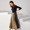 C027A Women Metallic printed color-block full circle sunburst pleated evening midi skirt