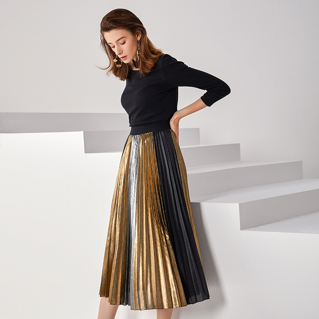 C027A Women Metallic printed color-block full circle sunburst pleated evening midi skirt