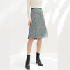 C153 Women Tweed plaid fringed hem A-line midi skirt
