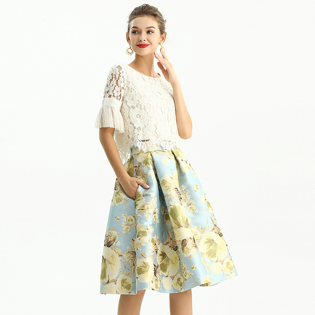 S137-2 Women Metallic floral jacquard inverted pleat A-line midi skirt