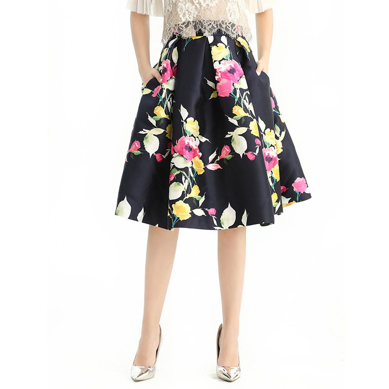 S137 Women Floral print inverted pleat A-line midi skirt