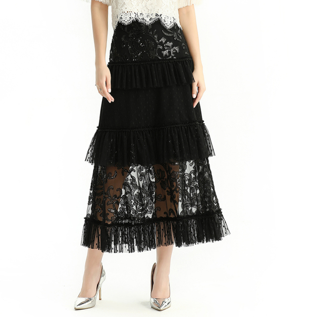 S138 Women Sequin bead embellishment Swiss dot tiered ruffle long evening skirt
