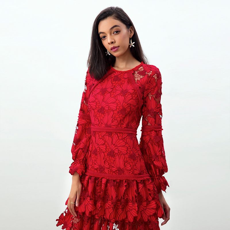 D271 Women Cut out embroidery long puff sleeves ruffle-tiered evening mini dress
