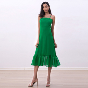 D261-1 Women Solid chiffon strappy tiered ruffle flared midi party dress