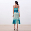 D261 Women Tie-dye print strappy flared tiered ruffle midi dress