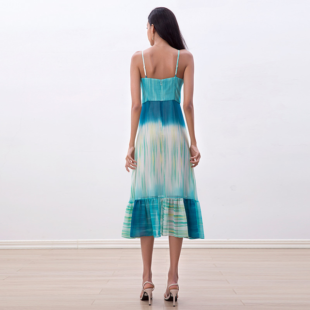 D261 Women Tie-dye print strappy flared tiered ruffle midi dress