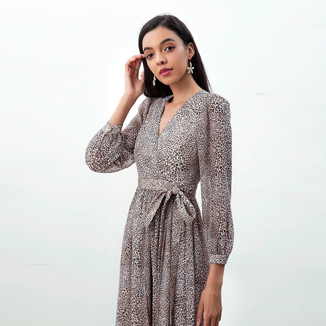 D265 Women Leopard print chiffon long puff sleeves wrap design pleated midi dress