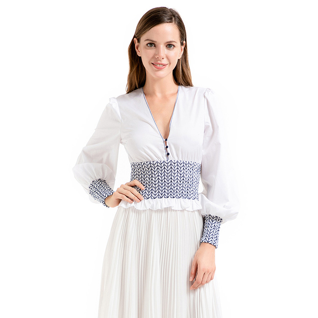 T032 Women Solid V-neck smocking details long puff sleeves blouse