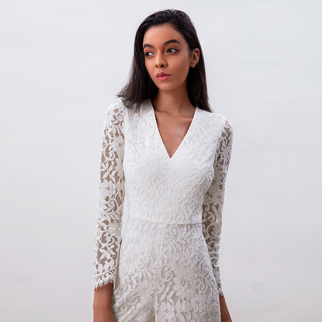 R220 Women All-over lace long sleeve ruffle details party jumpsuit 