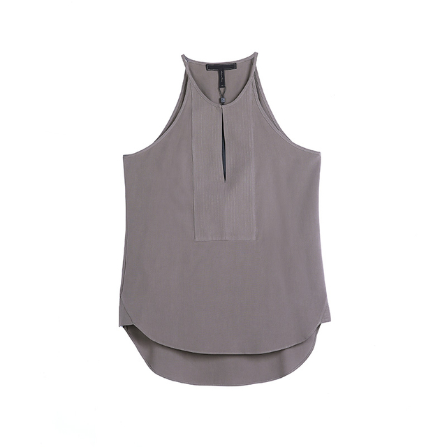 U282 Women Fuji silk halter neck multi-stitched front placket casual tank top