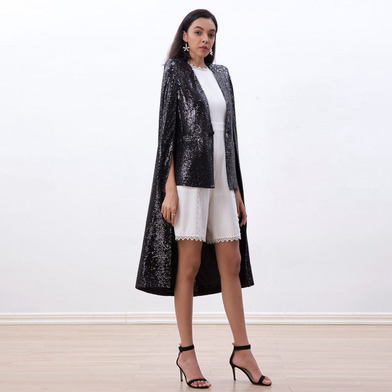 C250 Women all-over sequin embellished V-neck asymmetrical long cape jacket