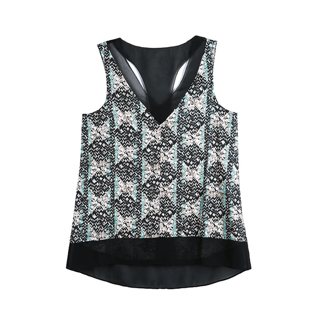 L900 Women Print chiffon color-blocked V-neck picot edge detailed racer back tank top