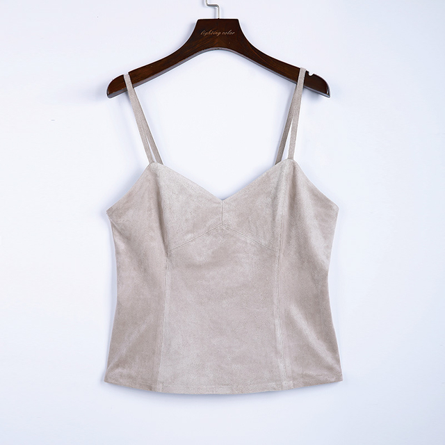 052A Women Stretch faux suede V neck strappy fitted cropped top
