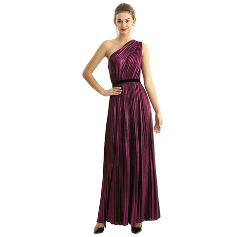 D203 Metallic Knit Single Shoulder Sunburst Pleated Maxi Evening Dress