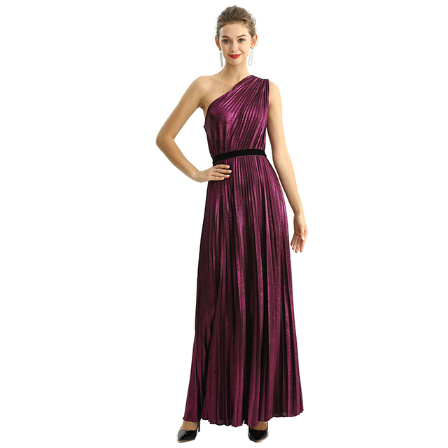 D203 Metallic Knit Single Shoulder Sunburst Pleated Maxi Evening Dress